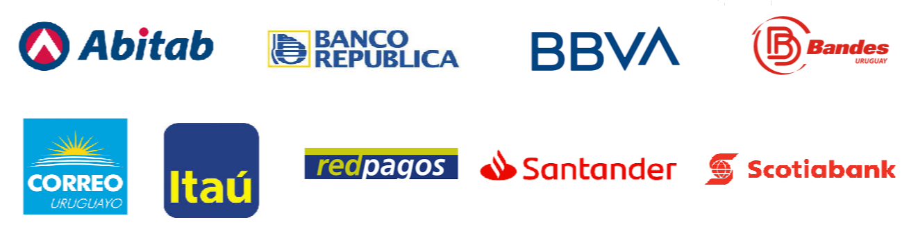 Logos de ABITAB, BROU, BBVA, BANDES, CORREO, ITAU, REDPAGOS, SANTANDER, SCOTIABANK